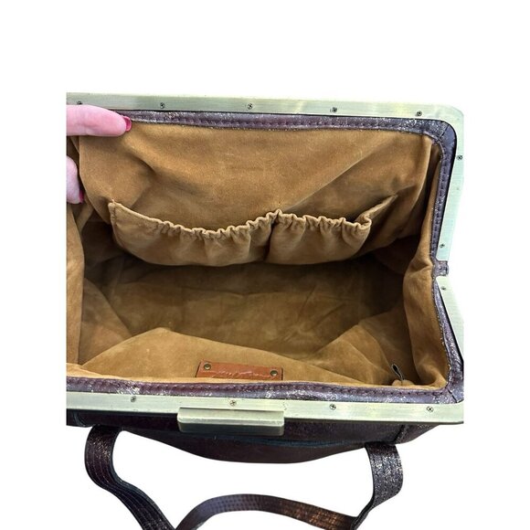 Patricia Nash Distressed Brown Leather Satchel Gold Metallic Frame Shoulder Bag - Picture 6 of 9